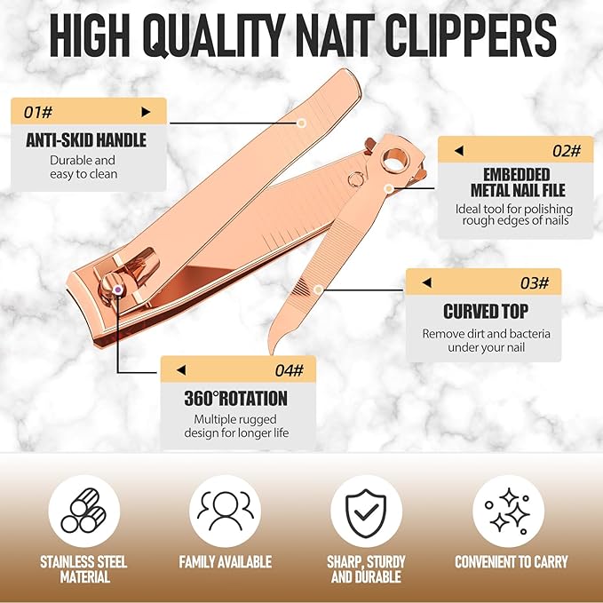 Nail Clipper Set, Sturdy Stainless Steel Fingernails & Toenails Clippers & Nail File, Sharp Effortless Fingernail Toenail Trimmer, Portable Nail Cutter for Women Men（Rose Gold）