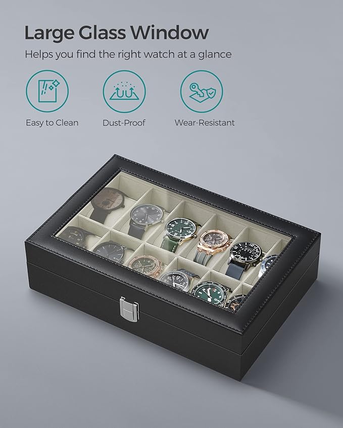 SONGMICS Watch Box, 12-Slot Watch Case Organizer with Large Glass Lid, Removable Pillows, Gift for Loved Ones, Black Synthetic Leather, Greenish Beige Lining UJWB12BE