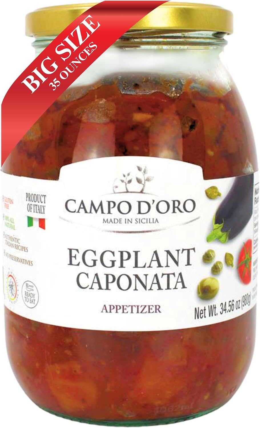 Sicilian Eggplant Caponata, Appetizer, Big Jar 34.5 oz, Sicilian recipe for Antipasto, side dish or pasta with Eggplant, Tomato, Onion, Celery, Olives and Capers. 100% Made in Italy, Campo D'Oro