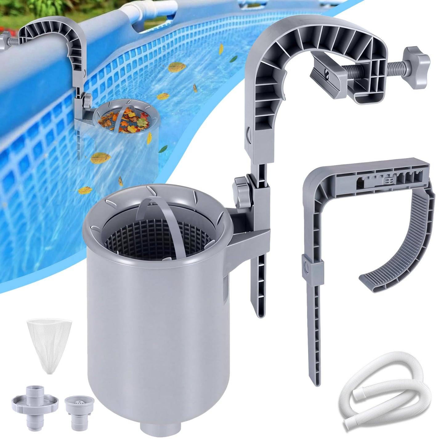 Toodour Above Ground Pool Skimmer, Wall Mount Floating Surface Skimmer with Removable Skimmer Basket & 10 Skimmer Socks, Adjustable Floating Pool Filter for Inflatable Collar/Tubular/Metal Frame Pools