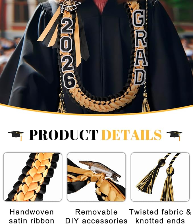 ALKB 2026 Graduation Lei Set - Two-Tone Braided Ribbon with Honor Cord, Unisex Graduation Gift for Graduates, Polyester