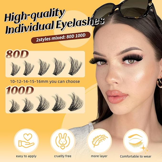 QUEWEL Lash Clusters, Cluster Lashes 3D-80D+100D Eyelash Clusters D Curl Individual Lashes 10-18mm Cluster Eyelash Extensions Create Kinds of Beauty Look (DH-3D+80D+100D)