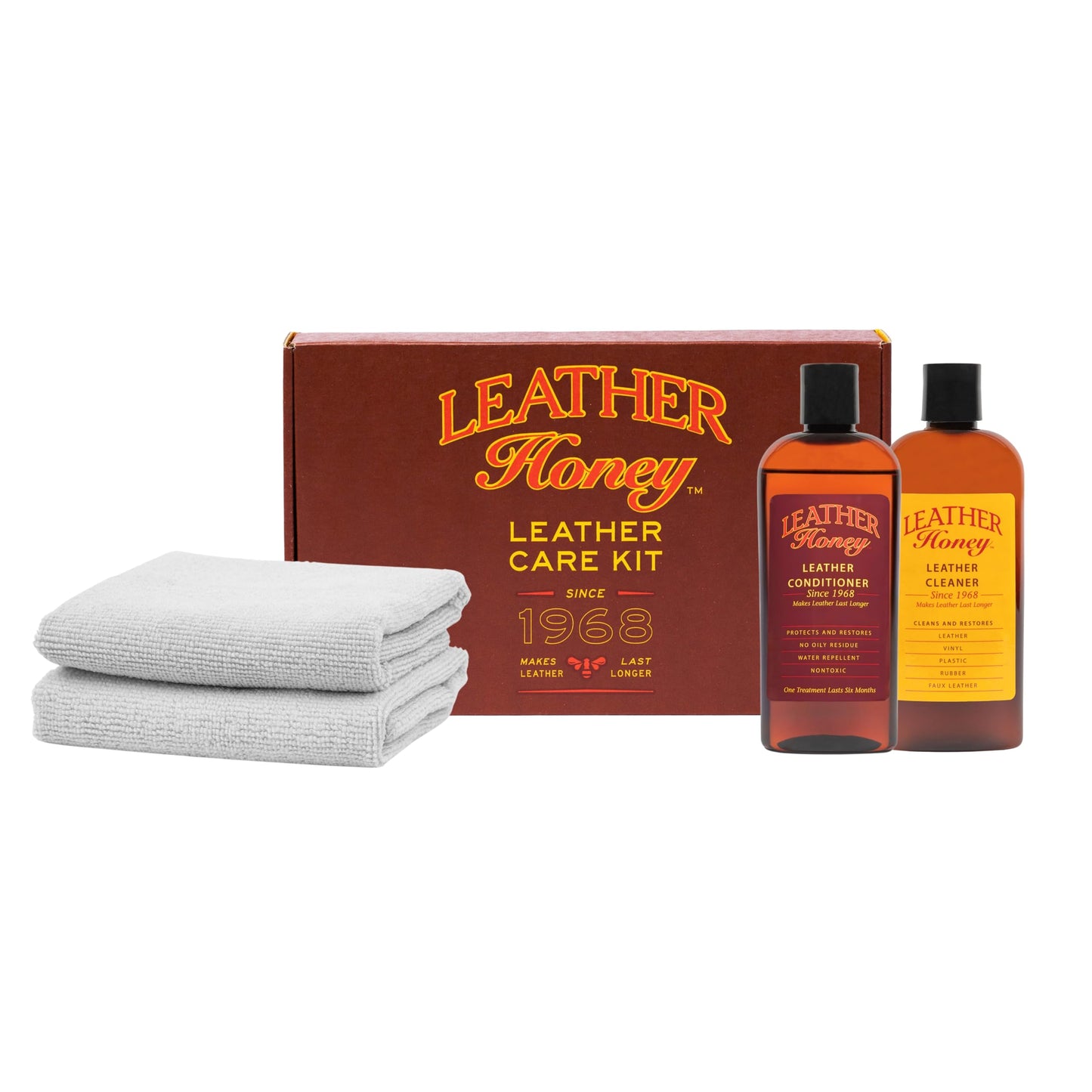 Leather Honey Complete Leather Care Kit: Cleaner, Conditioner, 2 Cloths. Non-Toxic Leather Care Made in the USA Since 1968. Restore Couches, Car Seats & Interior, Jackets, Shoes & Bags. for Any Color