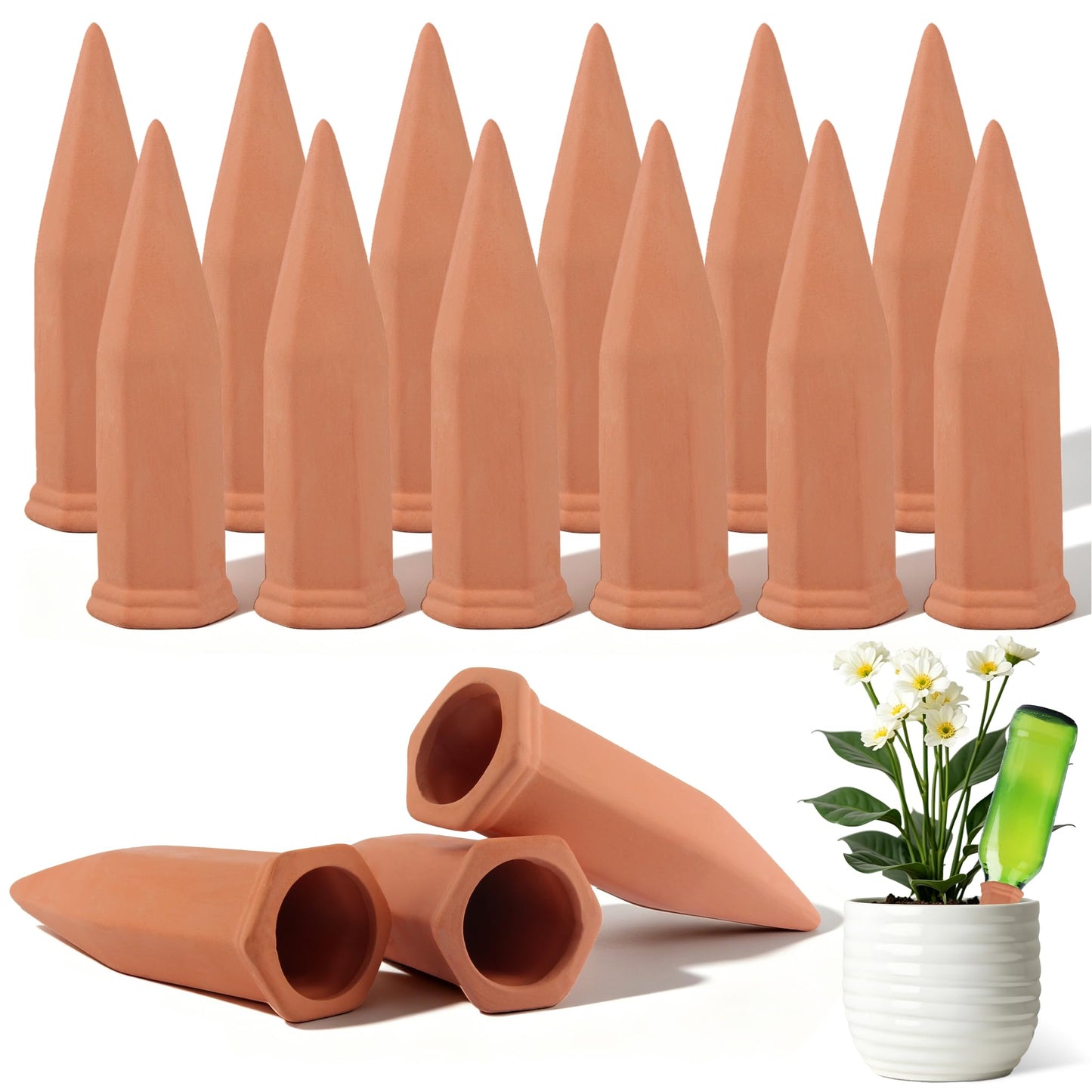 Tcamp 15 Pack Terracotta Watering Spikes, Plant Watering Devices Wine Bottle Automatic Plant Self Watering Spikes for Vacations, Self-Watering Stakes for Indoor Outdoor Plants