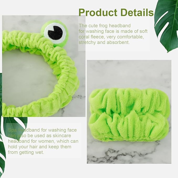 Skincare Headband Frog - 6pcs Set: 2 Green Frog Headbands for Skincare & 4 Wristbands for Washing Face - Non-Slip, Adjustable, Soft Microfiber, Warm Gift for Women, Girls