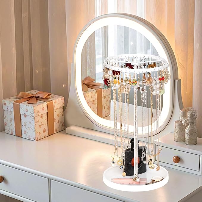 360 Rotating 2-Tier Jewelry Organizer Stand, Large Earring Holder Organizer with 48 Holes for Studs，24 Prongs for Necklaces, Wide Base for Bracelets, Watches, Lipstick, Jewelry Display Stand for Women