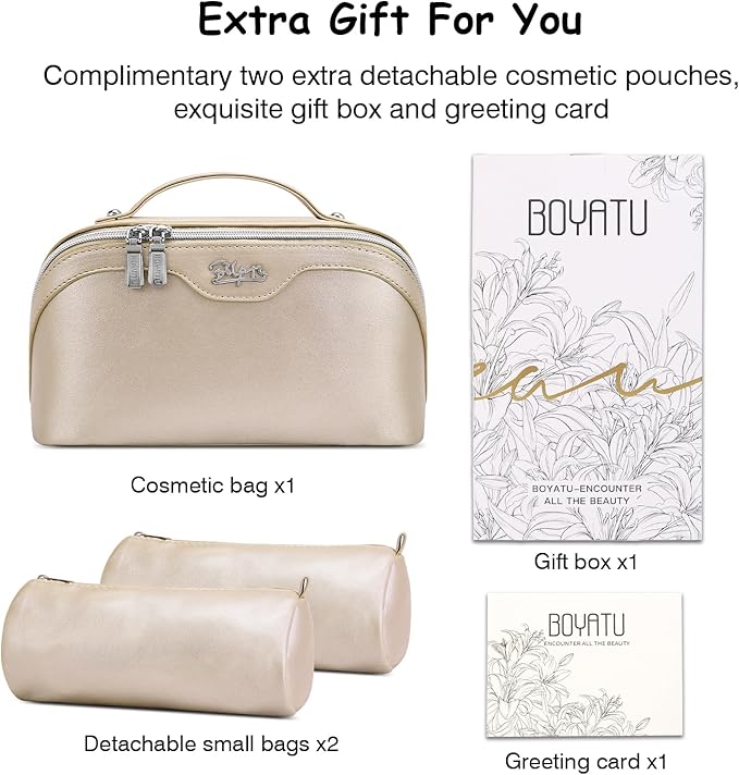 BOYATU Travel Makeup Bag Organizer Cosmetic Bag: 3 Pcs Set Make up Bags for Women with Handle - Waterproof Vegan Leather Toiletry Bags Travel Essentials Pouch with Compartments (C-07-Gold)