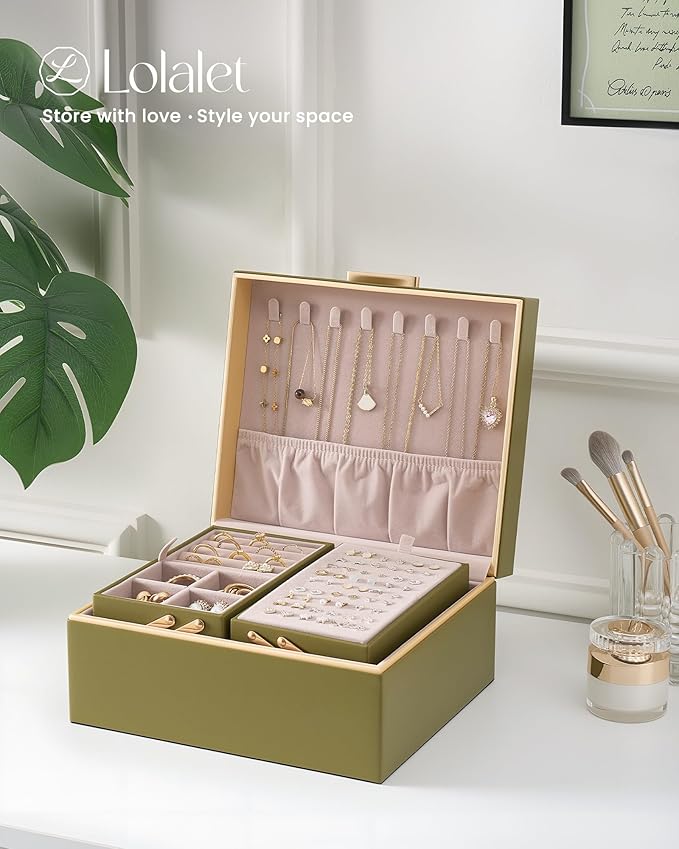 Lolalet Jewelry Box Organizer for Women Girls, 2 Layer Jewelry Organizers and Storage for Necklace Earrings Rings Bracelets, Large Jewellery Holder Case Birthday Valentine Gifts -Olive Green