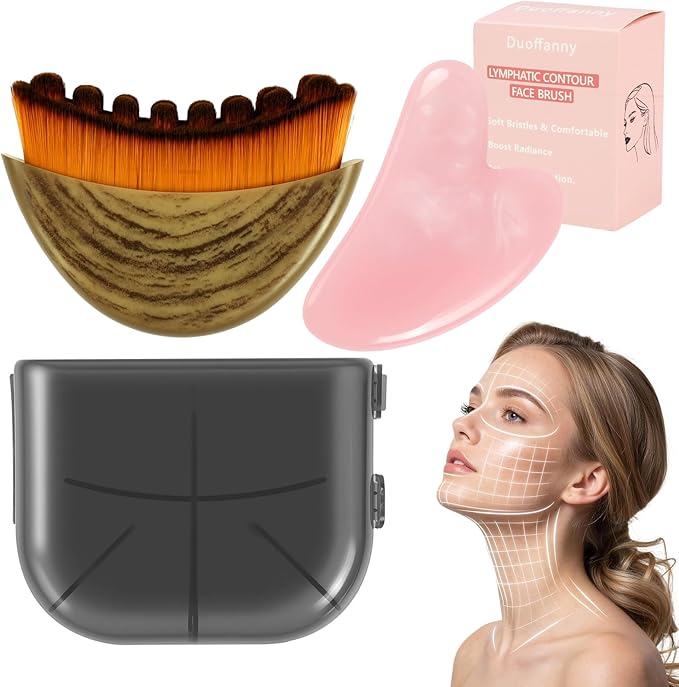 Lymphatic Contour Face Brush and Jade Gua Sha Set, 2-in-1 Manual Facial Dry Brush for Lymphatic Drainage - Anti-Puffiness, Detox Sculpting Brush to Improve Skin Glow & Absorption