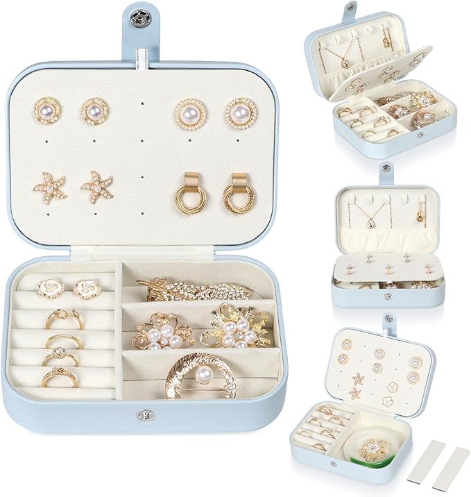 Hatori Travel Jewelry Box, PU Leather Small Jewelry Organizer for Women Girls, Double Layer Portable Mini Travel Case Display Storage Holder Boxes for Stud Earrings, Rings (Light Blue)