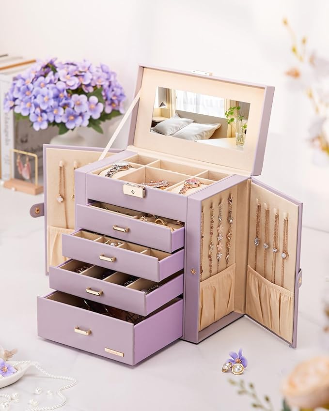 Homde Synthetic Leather Huge Jewelry Box Mirrored Watch Organizer Necklace Ring Earring Storage Lockable Gift Case (Grey Purple + Gold)