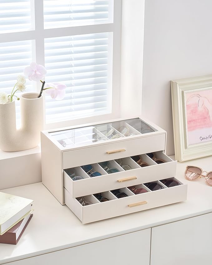 Lolalet Beige Sunglasses Storage Box for Women, Eyewear Eye Glass Organizer with Clear Top Lid Display Holder Case