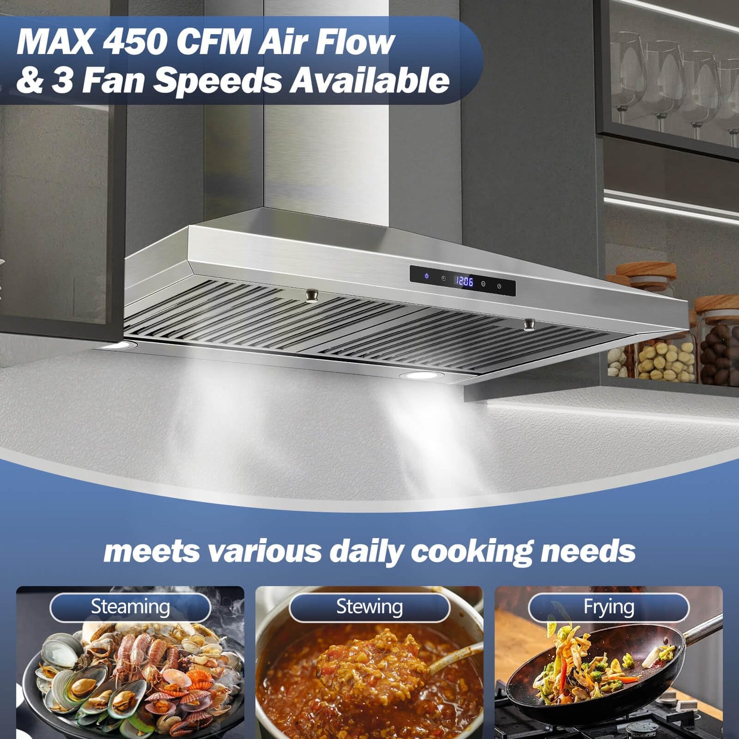 SNDOAS Range Hood 30 inches,Stainless Steel Wall Mount Range Hood,Vent Hood 30 inch w/Touch Control,Ducted/Ductless Convertible,Chimney-Style Over Stove Vent Hood,Kitchen Hood,Baffle Filters