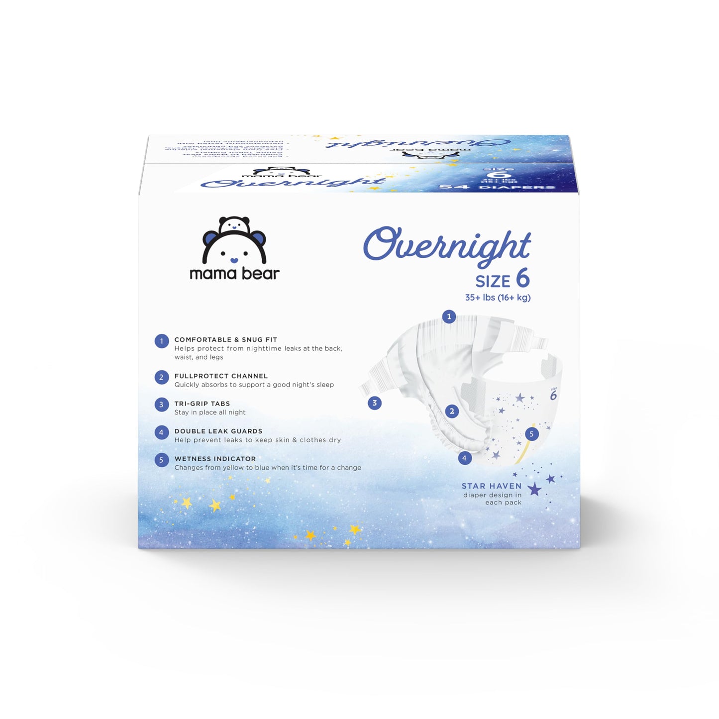 Amazon Brand - Mama Bear Overnight Baby Diapers with Leak Protection and Skin Protection, Fragrance-Free, Size 6, Hypoallergenic, Chlorine Free, Dermatologist Tested, 54 Count
