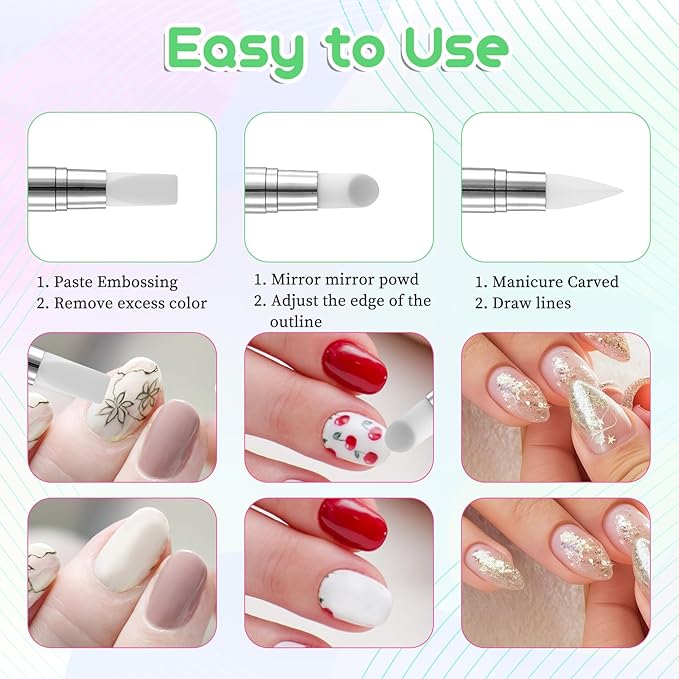 3 Pcs Nail Art Sculpture Pen, Dual Tipped Silicone Nail Tools, Acrylic Nail Art Brushes, Rhinestone Nail Polish Carving Pen, Nail Art Tools for Home Salon (White, Green, Orange)