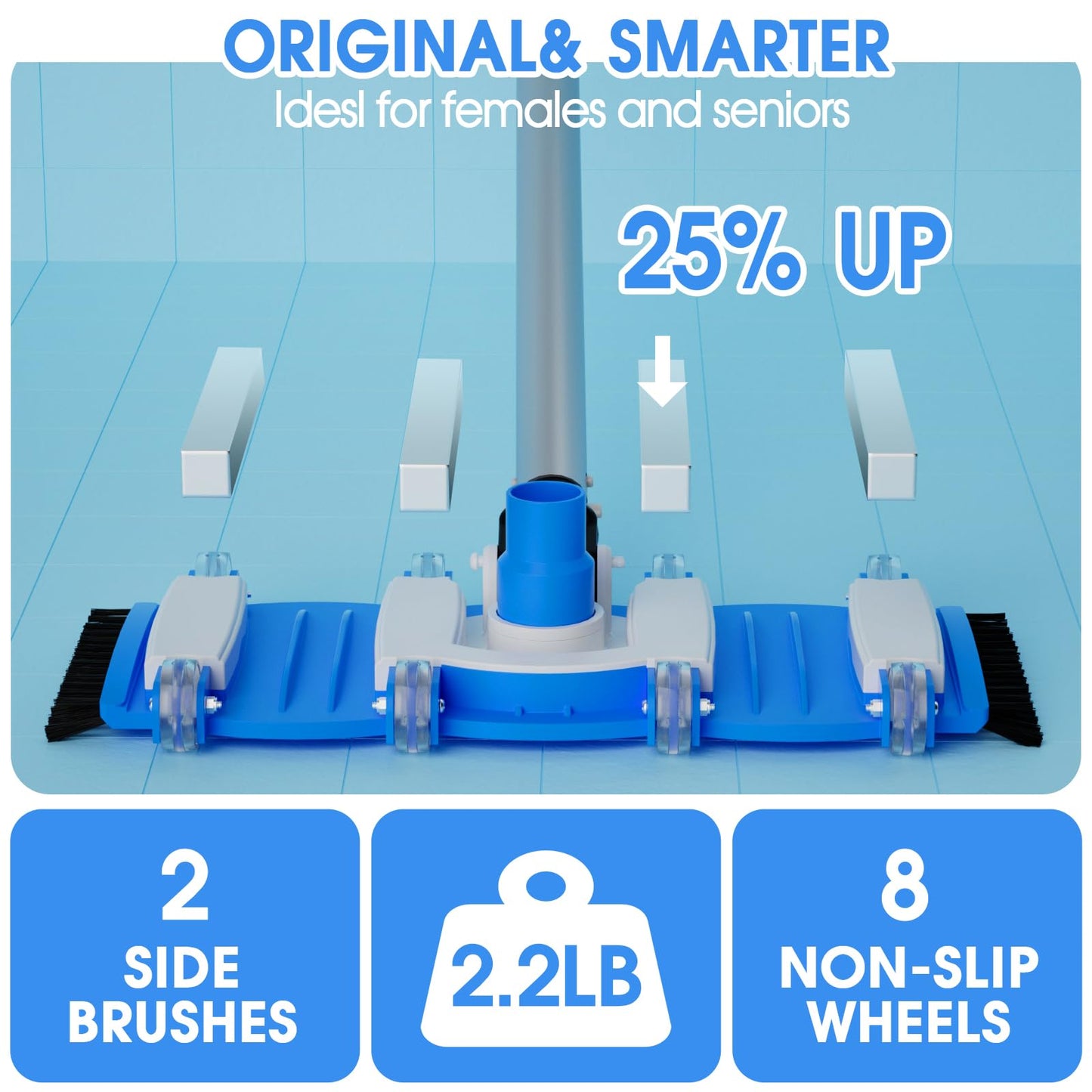 2026 TidyMister Pool Vacuum Head with Swivel Handle - 16in Eazy-to-Use Daily Cleaning Vacuum Head with Side Brushes and Wheels and Hose Connect for 1-1/4in or 1-1/2in for Inground & Above Ground Pools