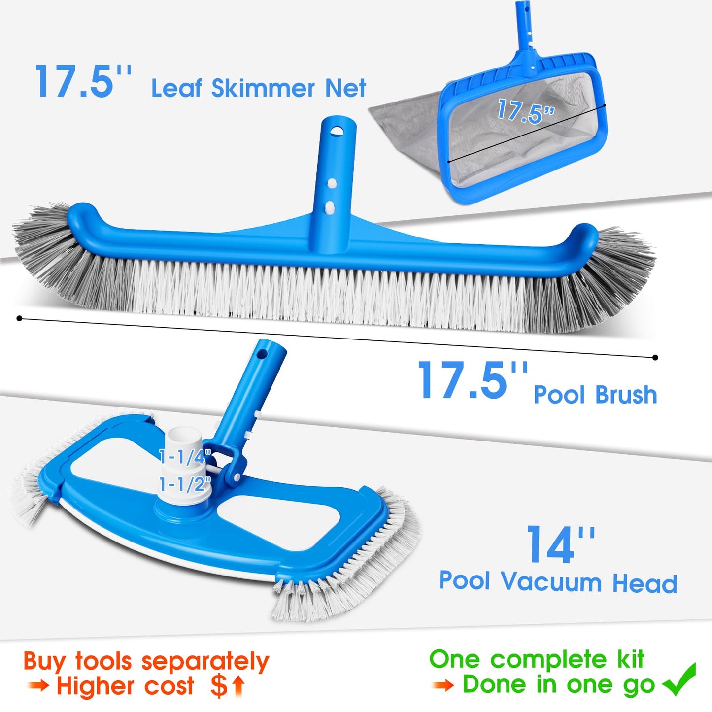 3-in-1 TidyMister Pool Cleaning Kit – Deep Grabber Pool Net, 17.5" Scrub Brush,Weighted Vacuum Head for Leaves, Algae & Debris | Essential Cleaning Set for Above Ground, Inground Pools, Spa, Hot Tub