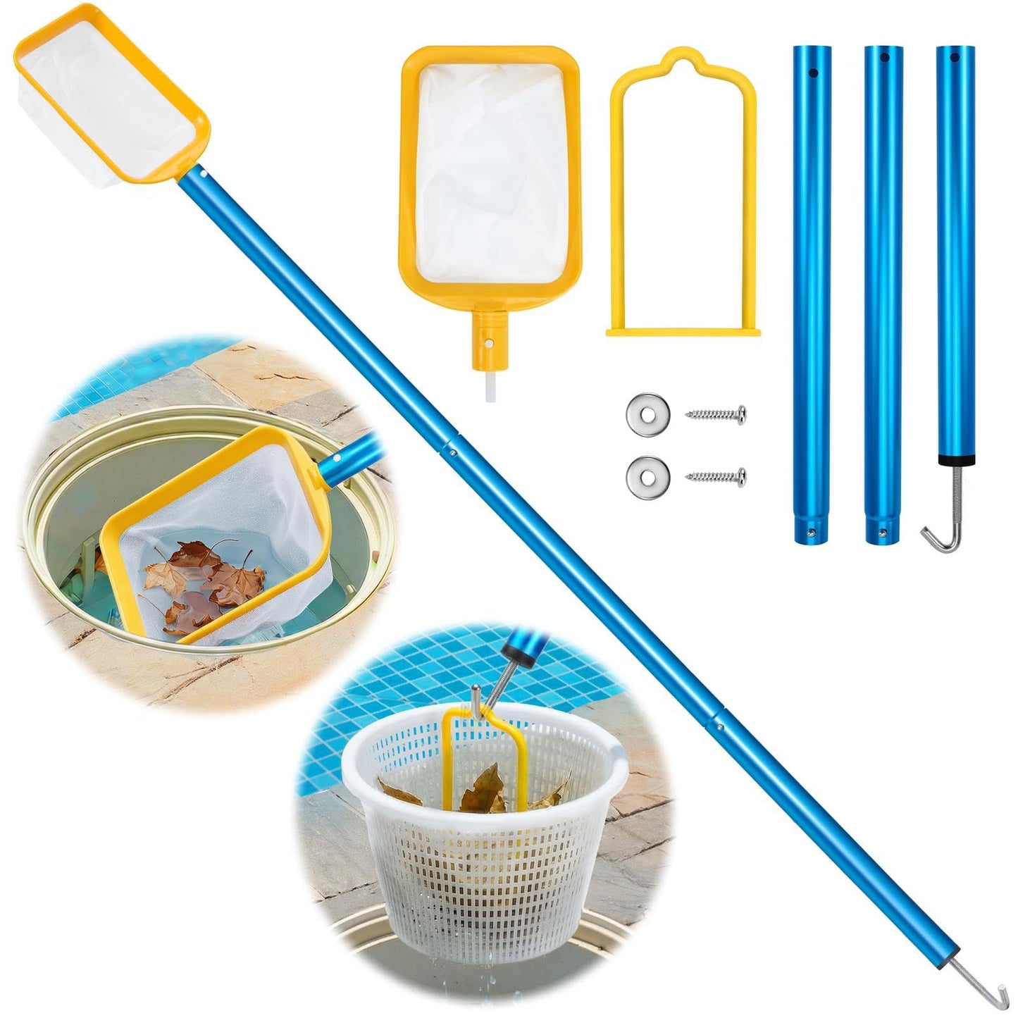 ComfyKit 50in 2-in-1 Pool Skimmer Tool with Stainless Steel Hook and Detachable Fine Mesh Net, Includes Skimmer Basket Handle, for Above Ground and Inground Pools