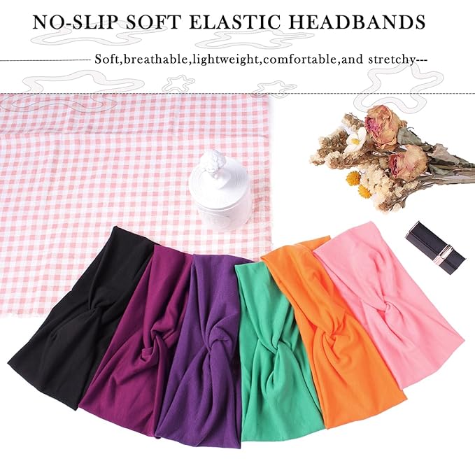 Kachanaa 6 Pcs Headbands for Women No-Slip Stretchy Boho Hair Bands Soft Cross Elastic Yoga Workout Running Thick Headbands for Women's Hair Accessories