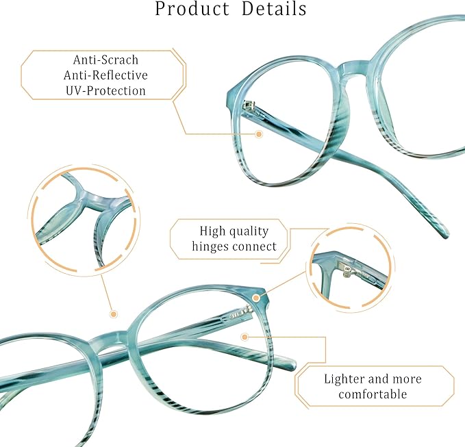 LifeArt Round Blue Light Blocking Glasses, Computer Glasses, Gaming Glasses, TV Glasses for Women Men (Striped Blue, 5.75 Magnification)