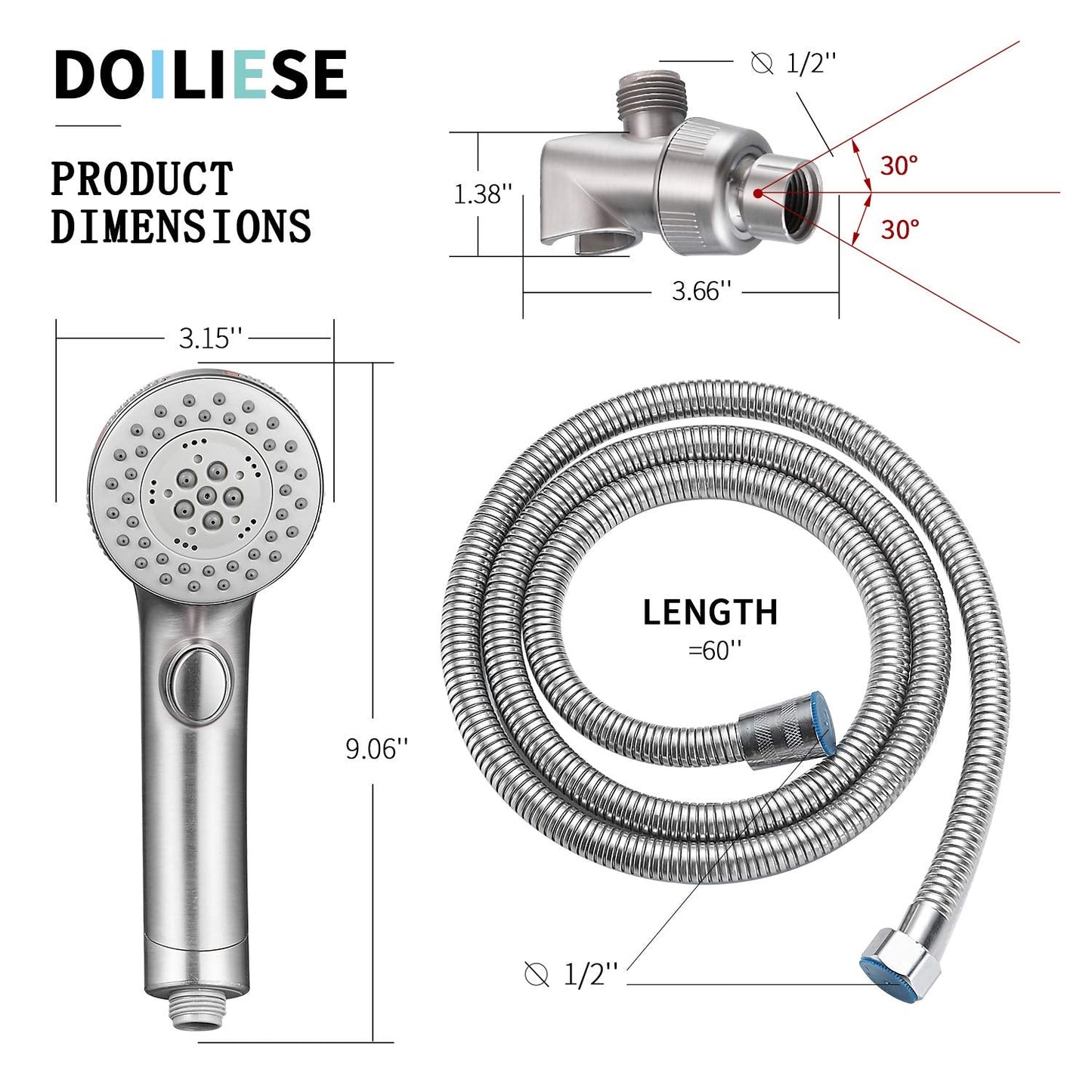 Shower Head, High Pressure 6 Setting Shower Head Hand-Held with ON/OFF Switch and Spa Spray Mode - Shower Heads with Handheld Spray High Pressure - Brushed Nickel