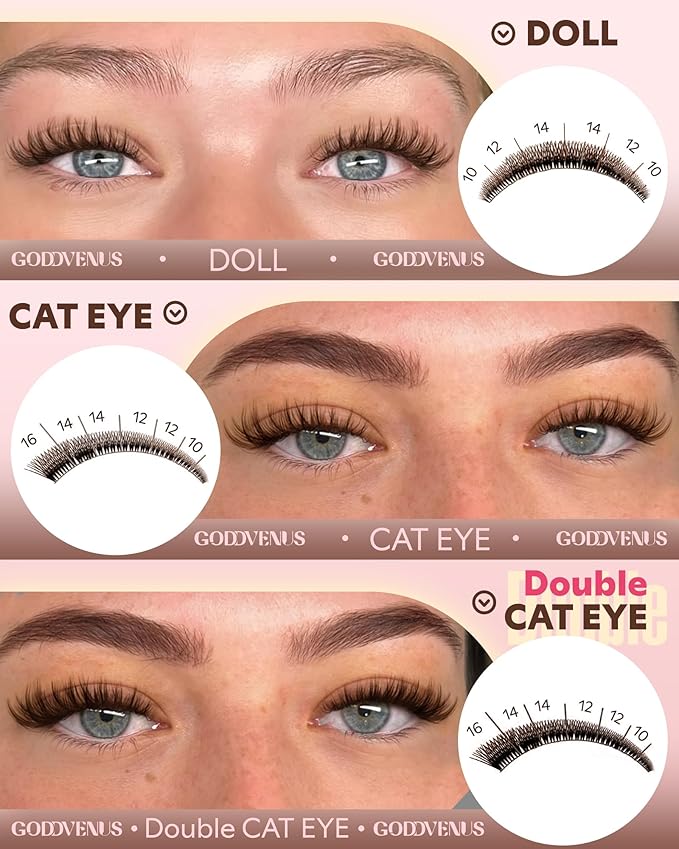 Goddvenus Brown Wispy Eye Lash Clusters Kit Natural Cluster Eyelash Extensions Kit False Eyelash Clusters Fluffy DIY Individual Lash Extensions Kit C Curl