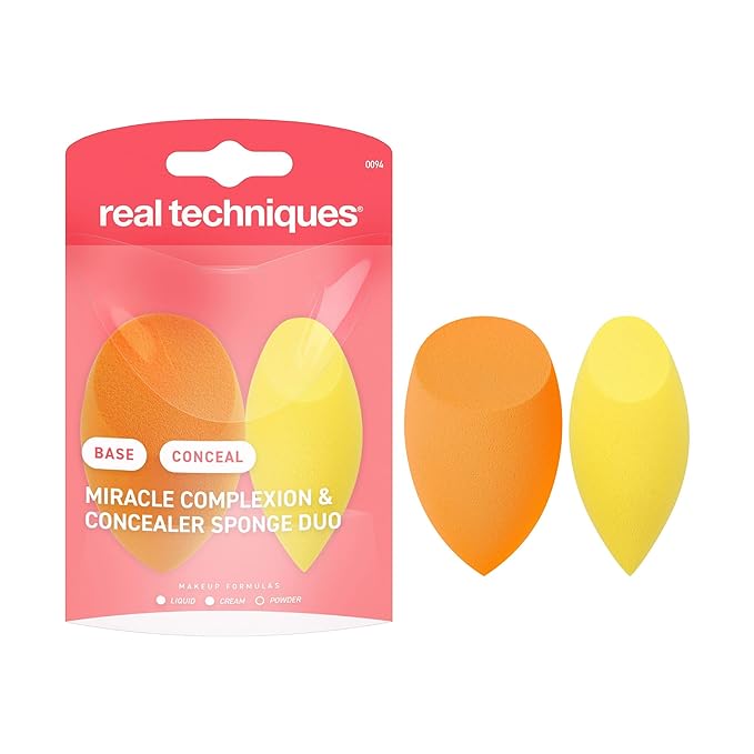 Real Techniques Miracle Complexion Sponge + Concealer Sponge Duo, Makeup Blending Sponges For Foundation & Concealer, Offers Light To Medium Coverage, Natural, Dewy Makeup, Latex-Free Foam 2 Count