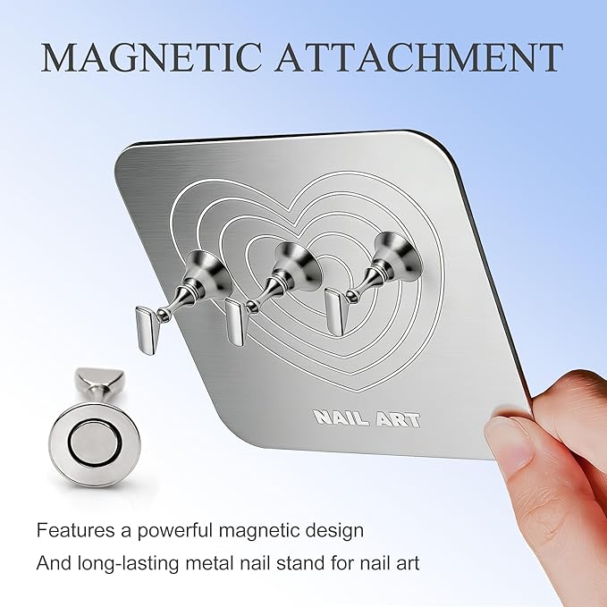 Nail Stand for Press Ons Display Practice for Acrylic Nails, Magnetic Fake Nail Tips Holder with Metal Base for Painting Tools, Designs with Reusable Double-Sided Tape for Home DIY Art Salon Supplies