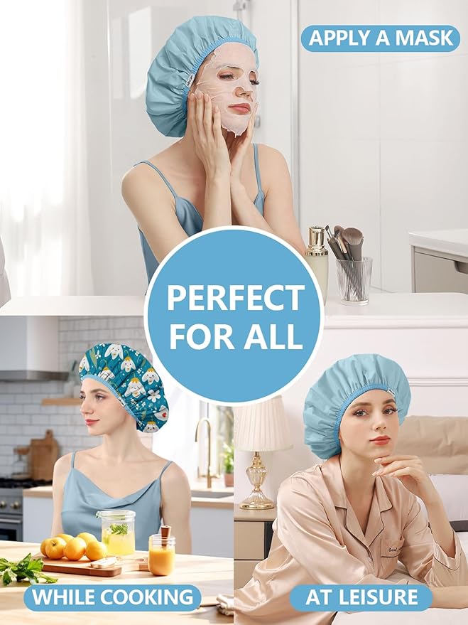 Years calm Shower Caps for Women Reusable Waterproof, Double Layer Waterproof Fabric - Both Sides Usable, Reversible Pattern & Solid Color Design, Soft Elastic Keeps Hair Dry for shower Spa Travel