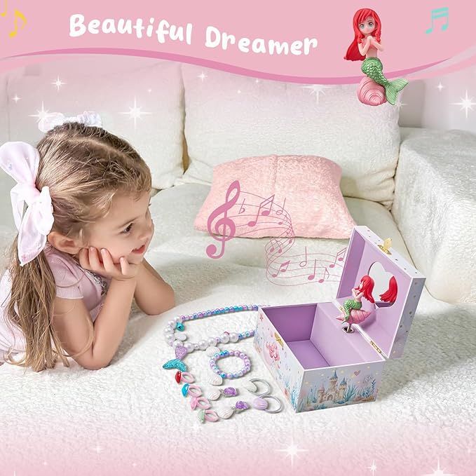 ProCase Mermaid Jewelry Box for Girls, Kids Musical Jewelry Boxes with Spinning Mermaid Doll, Birthday Christmas Gifts for Little Girls Children Toddler Ages 3 4 5 6 7 8 -Mermaid (Box with Jewelry)