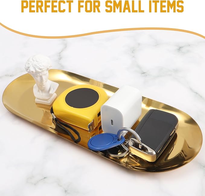 2PACK Gold Decorative Tray,Oval Stainless Steel Trays, Decorative Tray for Jewelry Dish Cosmetics Organizer Bathroom Clutter Serving Platter