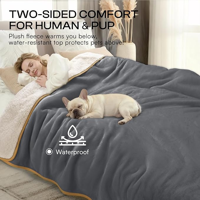 Luciphia Waterproof Pet Blanket, Liquid Pee Proof Dog Blanket for Sofa Bed Couch, Reversible Sherpa Fleece Furniture Protector Cover for Small Medium Large Dogs Cats, Grey+Beige Large（65" x 57"）