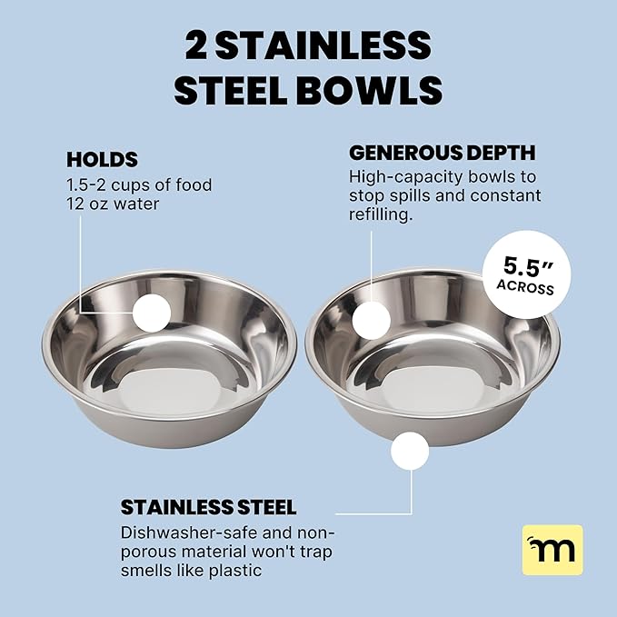 MalsiPree Elevated Dog Bowls for Small Dogs and Cats - 6.5" Raised Feeding Station with Spill-Proof Tray - Foldable Dog Bowl Stand with 2 Stainless Steel Bowls - Modern Scandinavian Pet Feeder, White