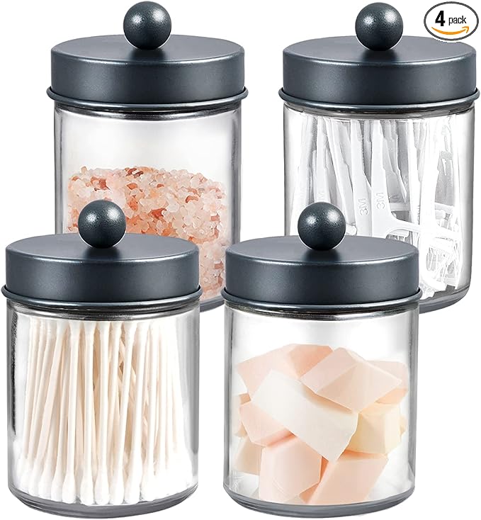 Amolliar 4 Pack Apothecary Jars Bathroom Vanity Storage Organizer Set -Countertop Canister with Stainless Steel Lids &Cute Stickers - Qtip Dispenser Holder for Qtips,Cotton Swabs,Makeup Sponges (Grey)