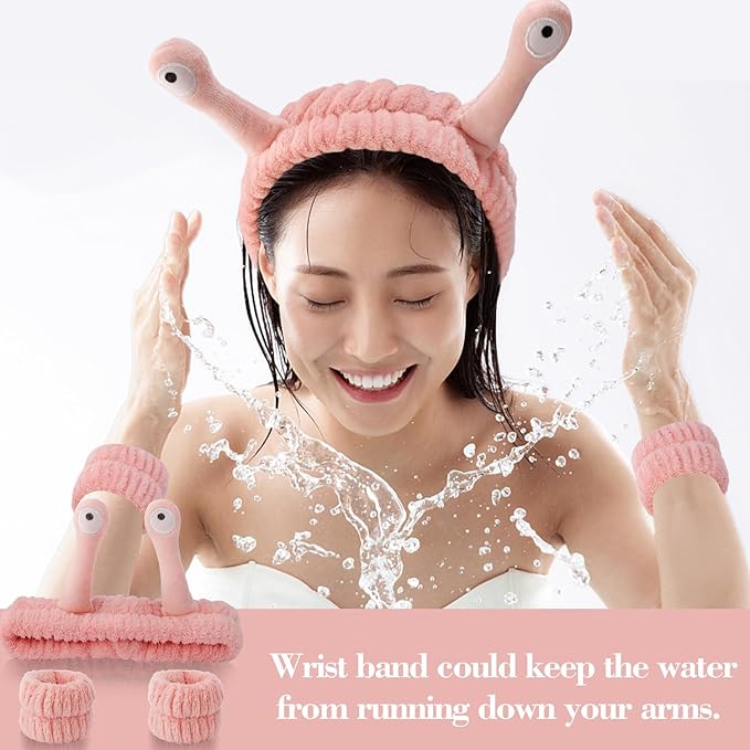 SuPoo 3pcs Snail Face Wash Headband, Wristband and Hair Wrap Set - Funny Pink Puffy Makeup Headbands, Cute Spa Towels and Hair Accessory