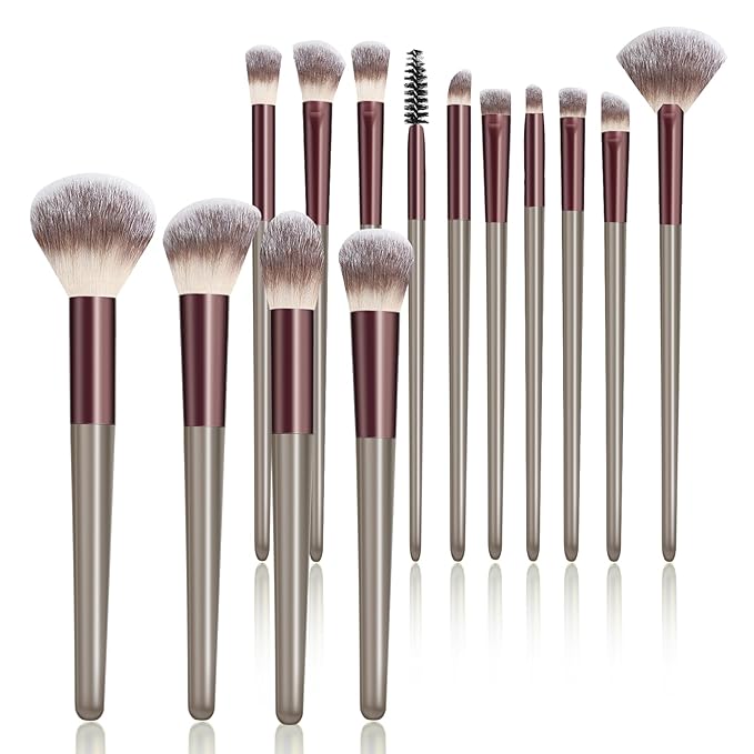 Makeup Brush Set, Premium Synthetic 14 Pcs Makeup Brushes, Travel Makeup Brush Set for Foundation, Concealer, Blush and Eyeshadow Brush(Red Brown)