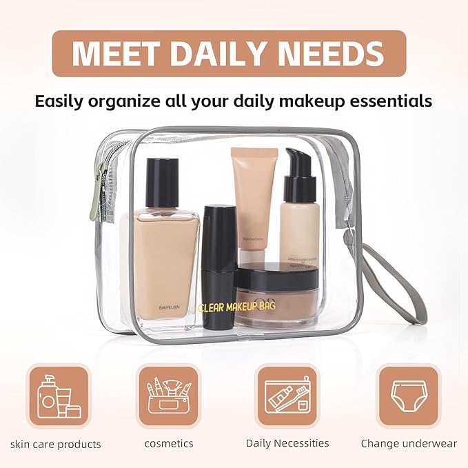 Clear Makeup Bag,2 Pack TSA Approved Toiletry Bag Travel Toiletry Bag Hanging Makeup Cosmetic bag for Women Men (Grey)