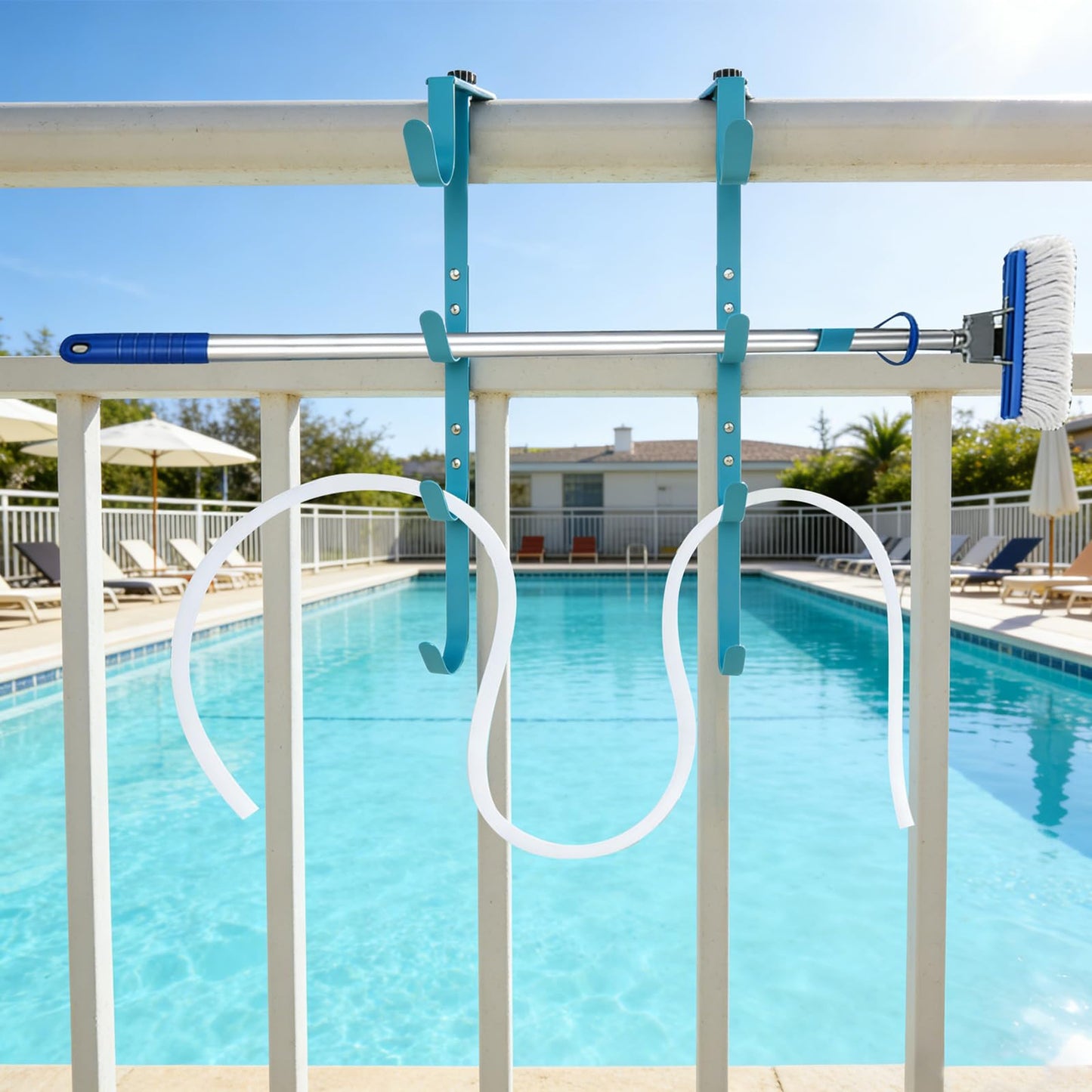 2Sets Blue Four Pool Pole Hooks Hangers, Adjustable Heavy Duty 4 Fence Hooks for Pool Poles Equipment, Pool Tool Holder for Telescopic Poles Skimmers Vacuum Hose Nets Brushes Swimming Pool Accessories