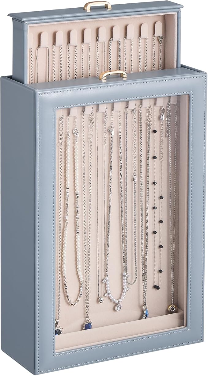 Lolalet Necklace Organizer Box, Jewelry Storage Box with Clear Window for Necklaces Bracelets, Tangle-Free Necklace Display Case for Women Girls -Dusty Blue, 2 Layers 20 Hooks