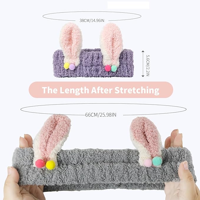 PERFECTSIGHT Kawaii Headband for Spa, Makeup, Washing Face, Party - 2 Pack Cute Hair Band for Shower Beauty Skincare, Soft Facial Headbands for Girls and Women (Purple+Gray Rabbit Ear)