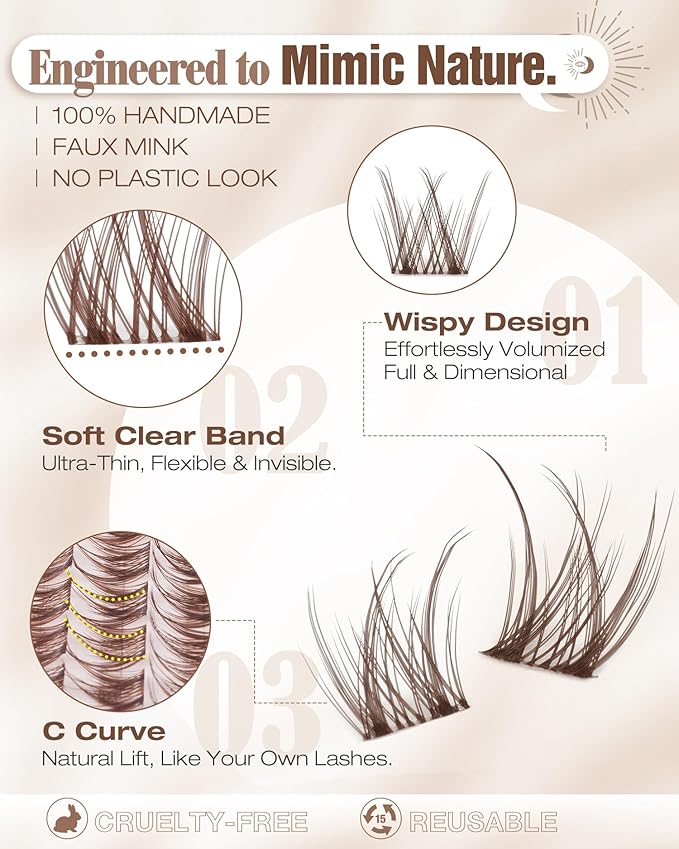 Brown Lash Clusters 8-10-12MM Short Wispy Eyelash Extensions with Natural C Curl and Flexible Clear Band 144Pcs PestaÃÂ±as Postizas MarrÃÂ³n, Easy Application, For Blondes and Redheads