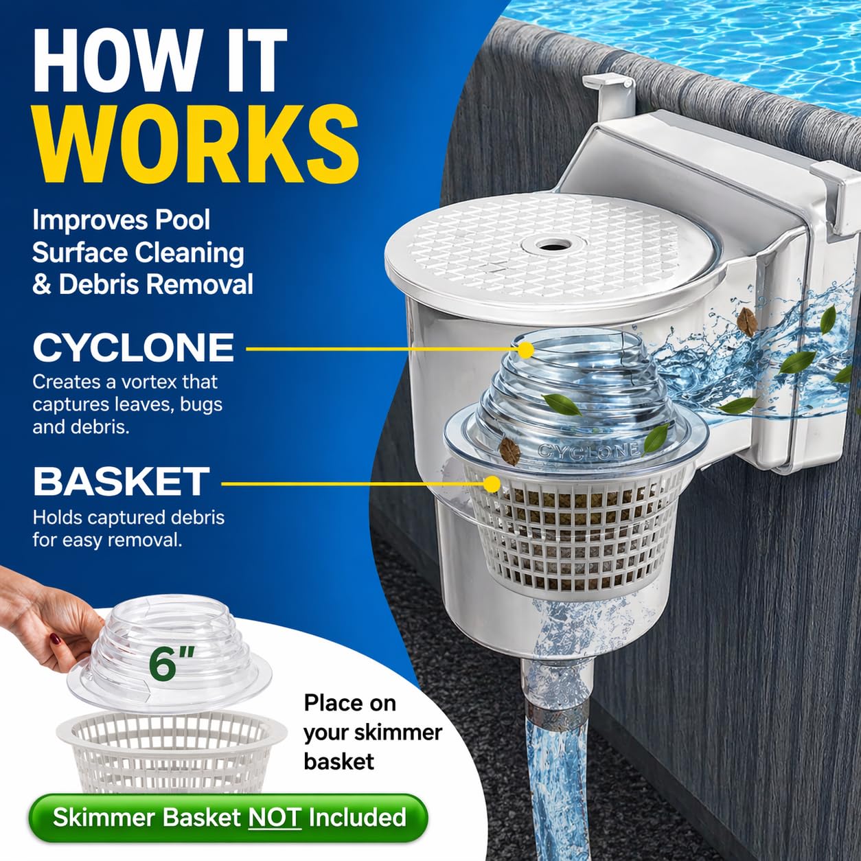 The Skimmie Cyclone 6" (Skimmer Basket NOT Included) - ONLY for Above Ground Pools - Turbocharges Pool Skimmer Water Flow - Improves Pool Surface Cleaning - Essential Pool Accessories