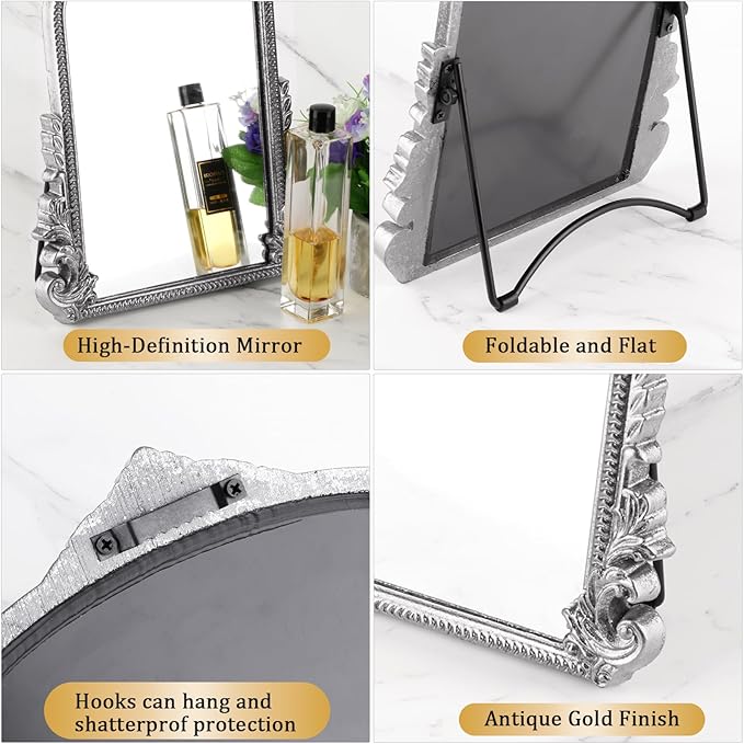Vintage Makeup Mirror, Vanity Desk Mirror Antique Traditional Tabletop Mirrors, Standing, Hang or Wall Mounted, Adjustable Dress-up Mirrors, Silver Decor for Living Room,Bedroom