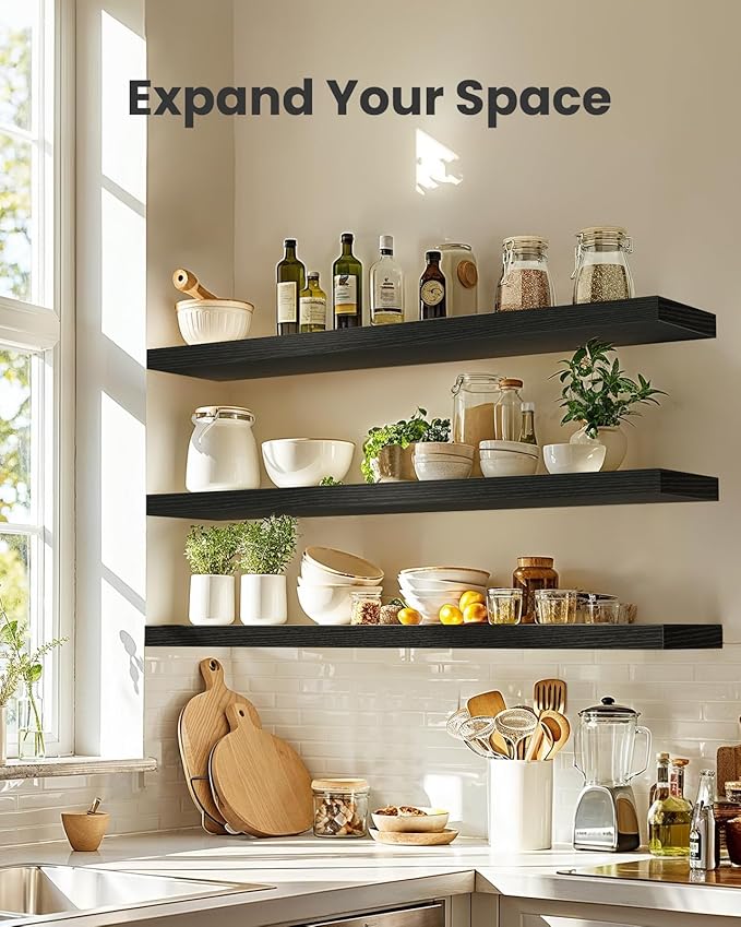 AMADA HOMEFURNISHING Floating Shelves, Wall Shelves for Living Room, Bedroom, Bathroom, Kitchen & Home Office Organization, Bathroom Shelves with Hidden Brackets, 22 lbs Max Load, Black, AMFS45B