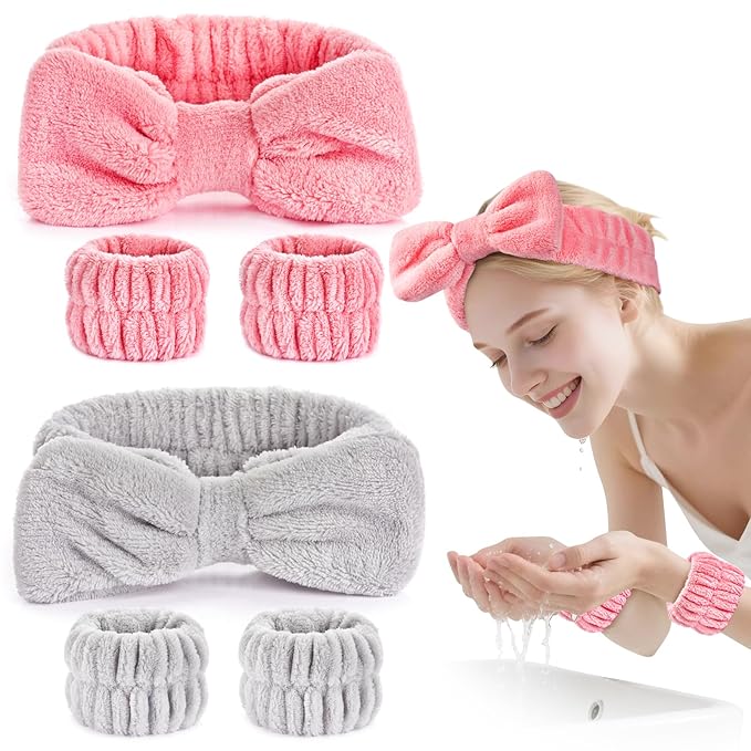 6Pack Headband and Wristband Set for Washing Face, Spa Skincare Makeup Headband, Soft Puffy Hair Band Bow Tie, for Women and Teen Girl Trendy Stuff Gifts
