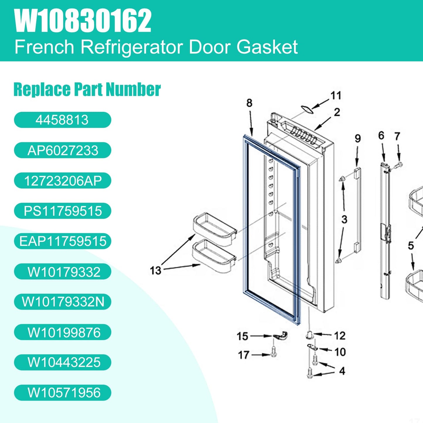 Upgraded W10830162 Refrigerator Door Gasket Replacement Compatible with Whirlpool Kenmore KitchenAid Refrigerator, 39.7"x 16.93" Freezer Door Gasket Refrigerator Door Seal Part 12723206AP, W10179332