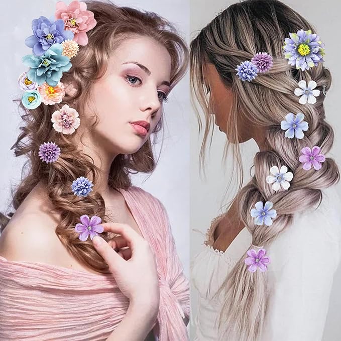 21 PCS Hair Flowers Boho Hair Barrettes Accessories Hawaiian Silk Flower Clips Girls Purple Blue Floral Bride Headpiece Festival(BLUE & PURPLE)
