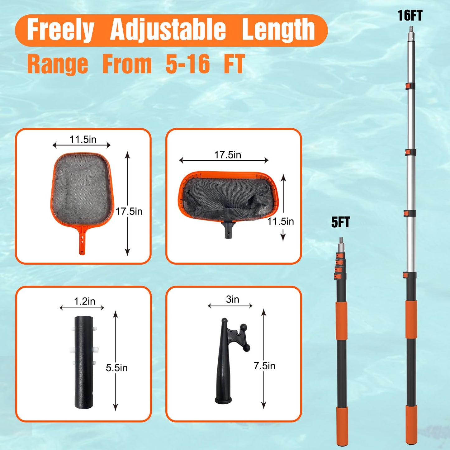 LAANPOLE 4-in-1 Pool Skimmer Net with Pole, Heavy Duty Pool Net and Fine Mesh Leaf Skimmer Net for Above Ground Pool, 16FT Telescopic Pool Pole with Professional Pool Net and Pool Hook for Cleaning
