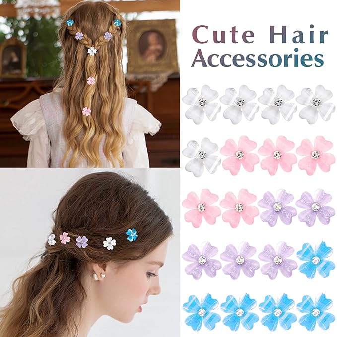YISSION 20Pcs Mini Flower Hair Clips with Rhinestone Cute Hair Pins Decorative Hair Clips Wedding Hair Barrettes Bridal Hair Accessories for Girls Women 4 Colors