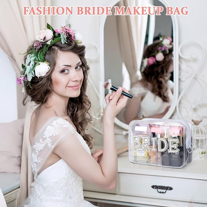 Etercycle Bride Clear Makeup Bag, Bridal Shower Gifts Engagement Cosmetic Bag, Bling Pearl Rhinestone Letter Patches Waterproof PVC Travel Organizer for Women Wedding Bachelorette Party(Silver)